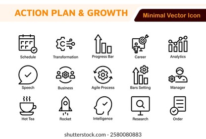 Line icons about action plan. Contains such icons as search strategy, target, scheme, timeline and workflow.Action plan set of web icons in line style. Strategy action planning icons.