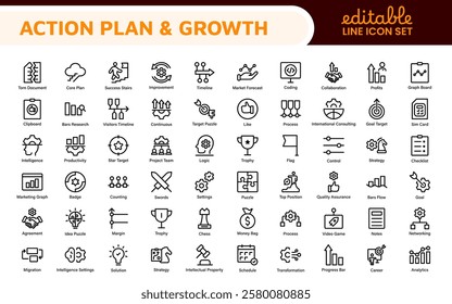 Line icons about action plan. Contains such icons as search strategy, target, scheme, timeline and workflow.Action plan set of web icons in line style. Strategy action planning icons.