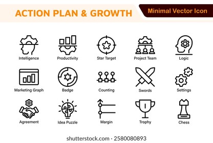 Line icons about action plan. Contains such icons as search strategy, target, scheme, timeline and workflow.Action plan set of web icons in line style. Strategy action planning icons.