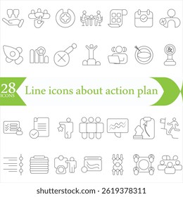 Line icons about action plan. Contains such icons as search strategy, target, scheme, timeline and workflow.Action plan set of web icons in line style.