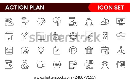 Line icons about action plan. Contains such icons as search strategy, target, scheme, timeline and workflow.Action plan set of web icons in line style. Strategy action planning icons.