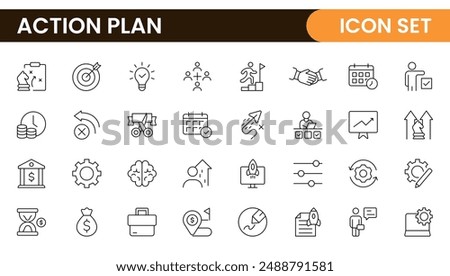 Line icons about action plan. Contains such icons as search strategy, target, scheme, timeline and workflow.Action plan set of web icons in line style. Strategy action planning icons.