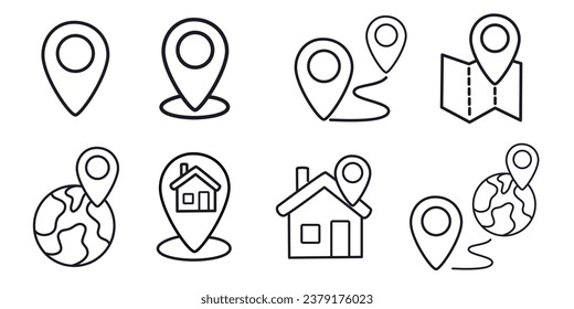 Line icons about address concept. Navigation icon Concept editable stroke outline line icons set isolated on white background flat vector illustration.  64 x 64.
