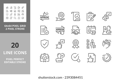 Line icons about approval and certified. Editable vector stroke. 64 and 256 Pixel Perfect scalable to 128px...