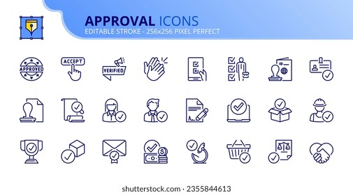 Iconos de línea sobre la aprobación. Contiene iconos como marcados, aprobados, certificados, aceptados y validados. Vector de trazo editable de 256x256 píxeles perfecto