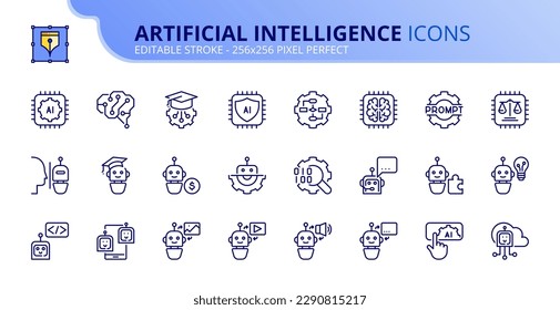 Line icons about artificial intelligence. Contains such icons as AI, machine learning, algorithm and generated contents. Editable stroke Vector 256x256 pixel perfect