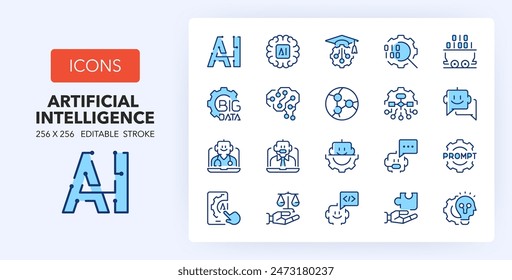 Line icons about artificial intelligence. Contains such icons as modeling, regulation, neural network and more. 256x256 Pixel Perfect editable in two colors