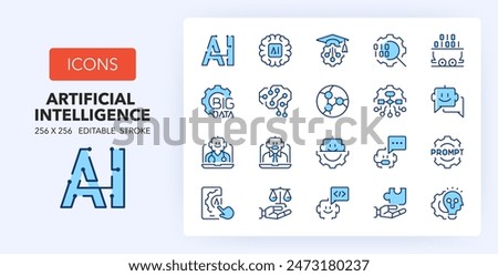 Line icons about artificial intelligence. Contains such icons as modeling, regulation, neural network and more. 256x256 Pixel Perfect editable in two colors