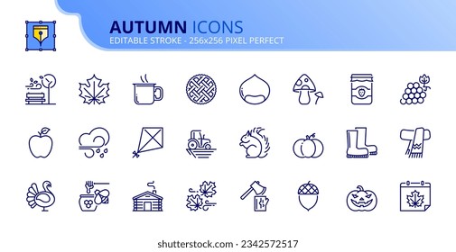 Line icons about autumn. Contains such icons as fall, apple pie, chestnut, scarf and harvest. Editable stroke Vector 256x256 pixel perfect