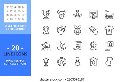 Line icons about awards and acknowledgements. Contains such icons as medal, trophy, the best, achievement, excellence and certificate. Editable stroke. Vector - 64 pixel perfect grid