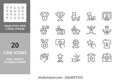 Line icons about awards and acknowledgements. Editable vector stroke. 64 and 256 Pixel Perfect scalable to 128px