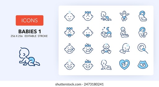 Line icons about babies and maternity. Contains such icons as lactation, fetus, insemination and more. 256x256 Pixel Perfect editable in two colors. Set 1 of 2