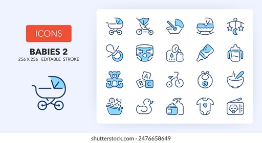 Line icons about baby care and accessories. Contains such icons as stroller, pacifier, breast feeding and more. 256x256 Pixel Perfect editable in two colors. Set 2 of 2