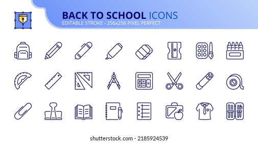 Iconos de línea de vuelta a la escuela. Contiene iconos como regla, lápiz, tijeras, pegamento, clip, borrador, marcador, papel y mochila. Vector de trazo editable de 256x256 píxeles perfecto