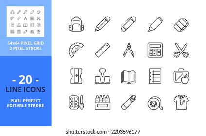 Iconos de línea de vuelta a la escuela. Contiene iconos como regla, lápiz, tijeras, pegamento, clip, borrador, marcador, papel y mochila. Trazo editable. Vector: cuadrícula perfecta de 64 píxeles