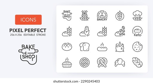 Line icons about  bakery and breads. Thin line icon set. 512x512 Pixel Perfect.. Editable vector stroke. 64 and 256 Pixel Perfect scalable to 128px