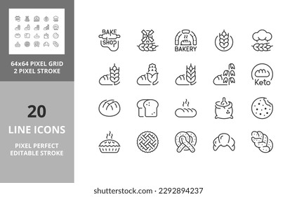 Iconos de línea sobre panadería y panes. Razo vector modificable. 64 y 256 Pixel Perfecto escalable a 128px