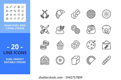 Zeilensymbole zum Thema Bäckerei. Enthält Symbole wie Brot, Baguette, Kuchen, Bagel, Keks, Brezel, Cupcake, Muffin und Croissant. Bearbeitbarer Strich. Vektor - perfektes Raster mit 64 Pixel