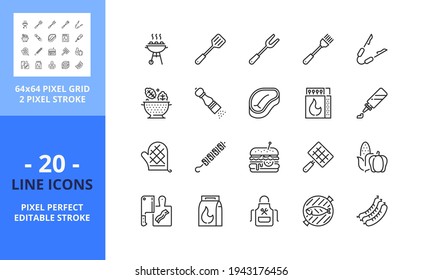 Line icons about barbecue. Contains such icons as grill tools, meat, fish, sausages, kebab, hamburger, salad, corn and vegetables. Editable stroke. Vector - 64 pixel perfect grid