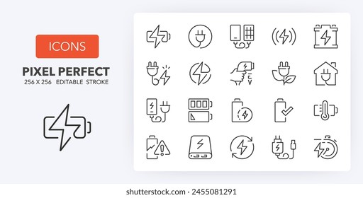 Iconos de línea sobre carga de batería. Contiene tales iconos como cargador, estación de cargador ev, banco de energía y más. Trazo de Vector editable. 256 Píxeles Perfecto escalable a 128px...