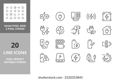 Ícones de linha sobre carregamento de bateria. Contém ícones como carregador, estação de carregador de v, banco de energia e muito mais. Traçado vetorial editável. 64 e 256 Pixel Perfeito escalável para 128px...