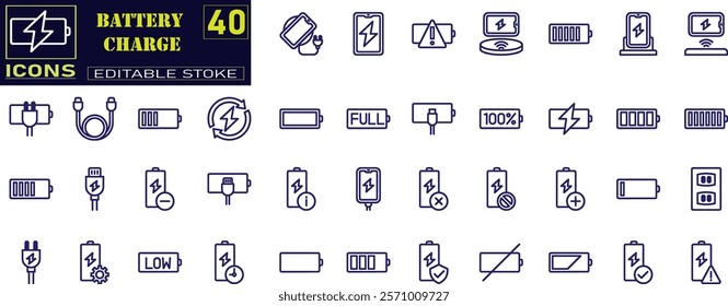 Line icons about battery charging. Contains such icons as charger, ev charger station, power bank and more.