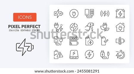 Line icons about battery charging. Contains such icons as charger, ev charger station, power bank and more. Editable vector stroke. 256 Pixel Perfect scalable to 128px...