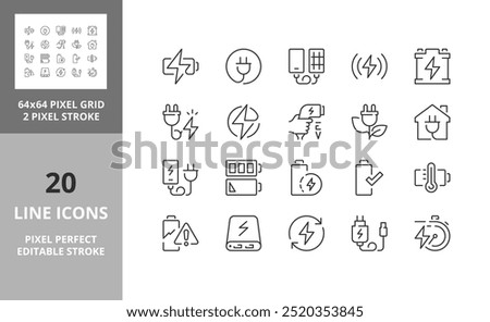 Line icons about battery charging. Contains such icons as charger, ev charger station, power bank and more. Editable vector stroke. 64 and 256 Pixel Perfect scalable to 128px...