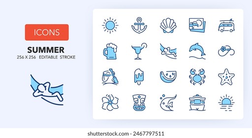 Line icons about beach activities and summer. Contains such icons as beach, surf, tropical island and more. 256x256 Pixel Perfect editable in two colors