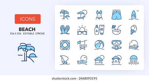 Iconos de línea sobre actividades de playa y verano. Contiene iconos como playa, surf, isla tropical y más. 256x256 Píxel Perfecto editable en dos colores