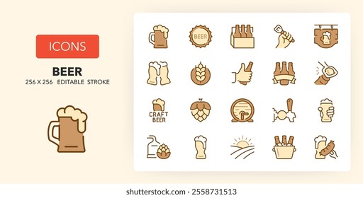 Line icons about beer. Contains such icons as craft beer, oktoberfest, packaging and more. 256x256 Pixel Perfect editable in two colors