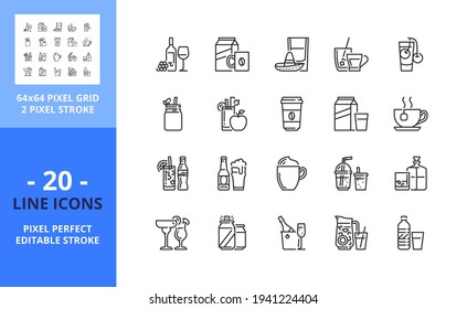 Line icons about beverages. Contains such icons as water, cocktail, juice, smoothies, soda, wine, coffee, tea, and alcoholic beverages. Editable stroke. Vector - 64 pixel perfect grid