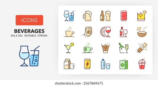 Line icons about beverages. Contains such icons as cocktails, brewing time, take away and more. 256x256 Pixel Perfect editable in colors