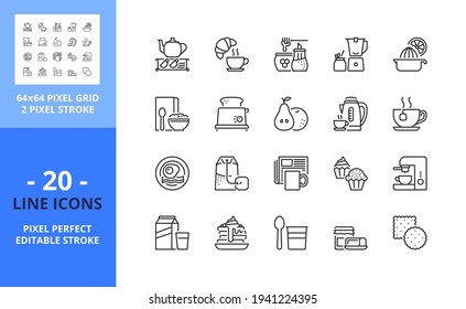 Line icons about breakfast. Contains such icons as coffee, tea, jam, butter, milk, cereals, muffin, mug, croissant, juice and egg with bacon. Editable stroke. Vector - 64 pixel perfect grid