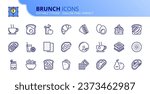 Line icons about brunch. Contains such icons as fruit, yogur, toast, coffee, salad, sandwich and pancakes. Editable stroke. Vector 256x256 pixel perfect.
