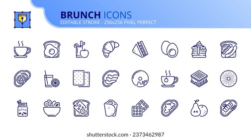 Line icons about brunch. Contains such icons as fruit, yogur, toast, coffee, salad, sandwich and pancakes. Editable stroke. Vector 256x256 pixel perfect.