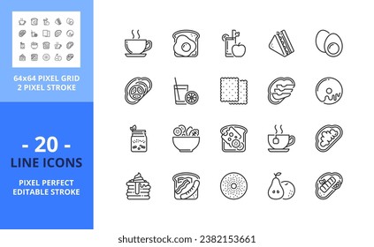 Line icons about brunch. Contains such icons as fruit, yogur, toast, coffee, salad, sandwich and pancakes. Editable stroke. Vector - 64 pixel perfect grid