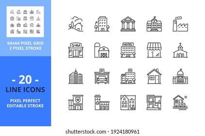 Line icons about buildings. Contains such icons as decoration, bells, stocking and Santa Claus. Editable stroke. Vector - 64 pixel perfect grid