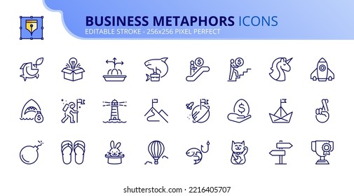 Iconos de línea sobre negocios y finanzas metáforas e idiomas. Contiene iconos como la misión, la visión y el éxito. Vector de trazo editable de 256x256 píxeles perfecto