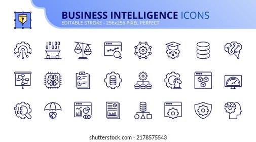 Iconos de línea sobre inteligencia empresarial. Contiene iconos como la administración de grandes datos, análisis, informes, referencias comparativas y aprendizaje automático. Vector de trazo editable de 256x256 píxeles perfecto