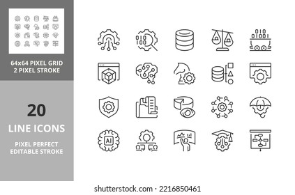 Line icons about business intelligence. Contains such icons as management big data, benchmarking and machine learning. Editable vector stroke. 64 and 256 Pixel Perfect scalable to 128px