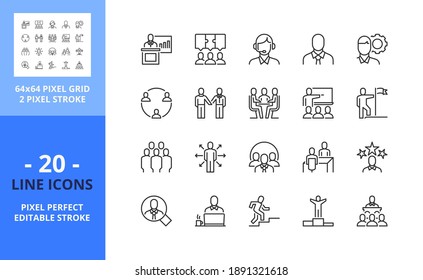 Line icons about business people. Contains such icons as businessman, working, teamwork, meeting, staff, conference and agreement. Editable stroke. Vector - 64 pixel perfect grid.