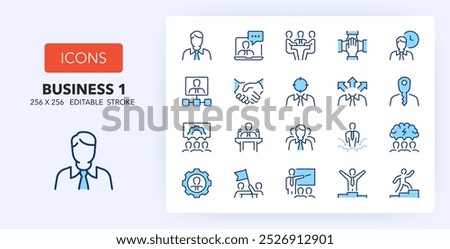 Line icons about business people and corporate management. Contains such icons as leader, handshake, teamwork and more. 256x256 Pixel Perfect editable in two colors. Set 1 of 2