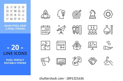 Line icons about business process. Contains such icons as vision, mission, strategy, goal, launch, innovation, design and marketing. Editable stroke. Vector - 64 pixel perfect grid.