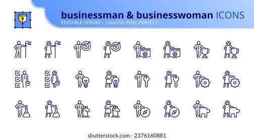 Line icons about businessman and businesswoman. Contains such icons as creativity, achievements, strategy and goals. Editable stroke. Vector 256x256 pixel perfect.