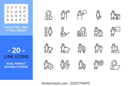 Line icons  about businesswoman. Contains such icons as success, aspirations, career and leadership. Editable stroke. Vector - 64 pixel perfect grid