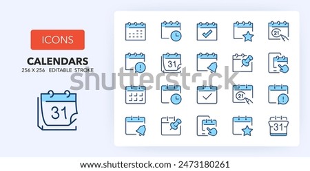 Line icons about calendars. Contains such icons as event, end of month, planning and more. 256x256 Pixel Perfect editable in two colors