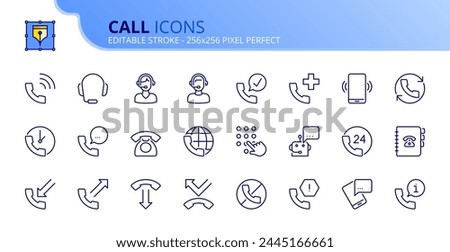 Line icons about call. Contains such icons as support, call center, telephone and talking. Editable stroke. Vector 256x256 pixel perfect.