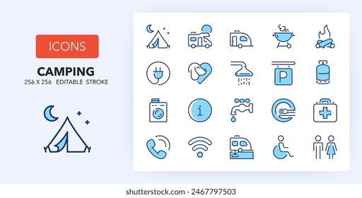 Line icons about camping and outdoor activities. Contains such icons as beach, surf, tropical island and more. 256x256 Pixel Perfect editable in two colors