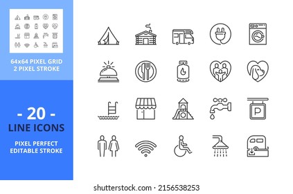 Line icons about camping services. Contains such icons as dump station, shower, wc, restaurant, bungalow, electricity and playground. Editable stroke. Vector - 64 pixel perfect grid